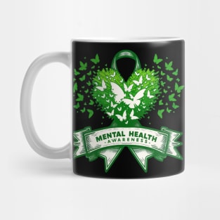 Mental Health Awareness Heart Butterflies Green Ribbon Mug